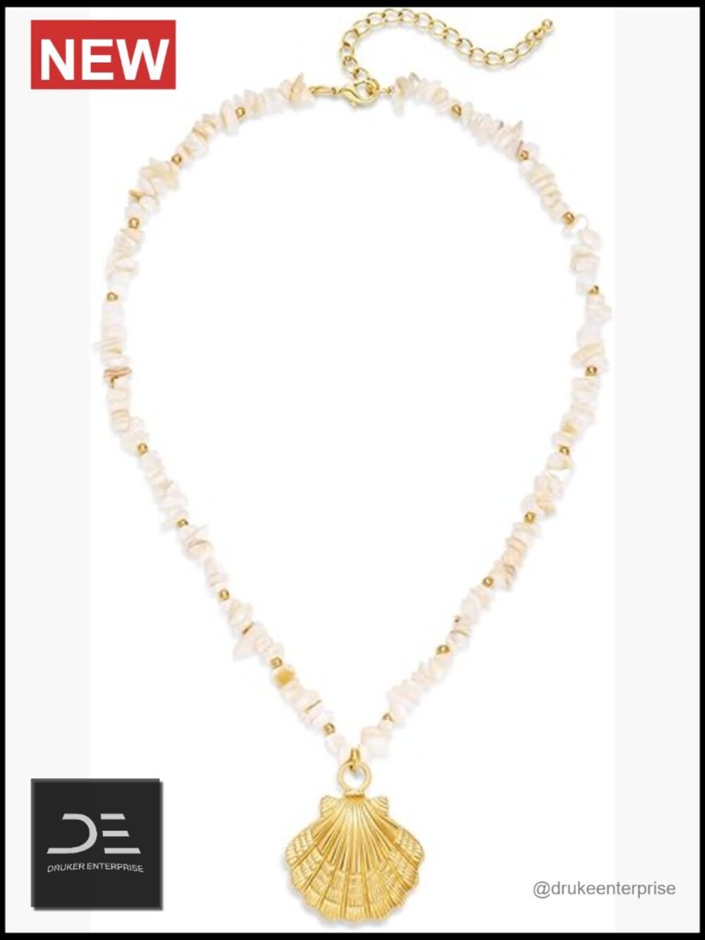 Boho Gold Seashell Pendant Necklace with Iridescent Shell Beads Choker